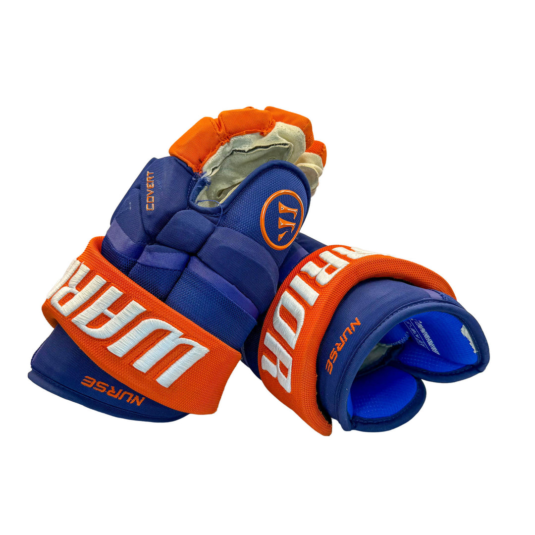 Darnell Nurse Edmonton Oilers Signed Game Worn 2025-26 Warrior Royal Hockey Gloves #26539