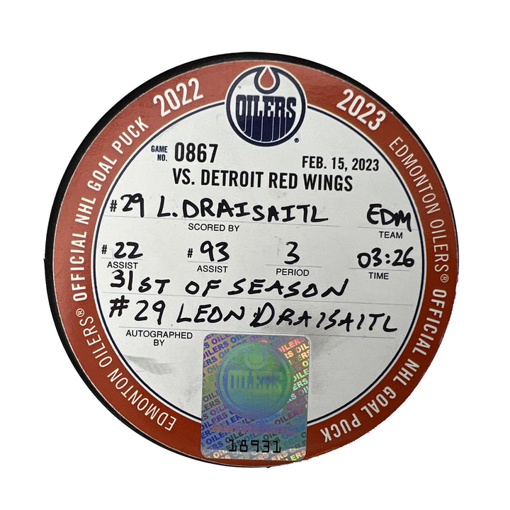Leon Draisaitl Edmonton Oilers Autographed Goal Puck - Feb. 15/2023 vs Detroit Red Wings #18931