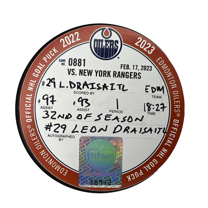 Leon Draisaitl Edmonton Oilers Autographed Goal Puck - Feb. 17/2023 vs New York Rangers #18942