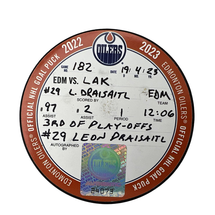 Leon Draisaitl Edmonton Oilers Autographed Playoffs Goal Puck - Apr. 19/2023 vs Los Angeles Kings #24073
