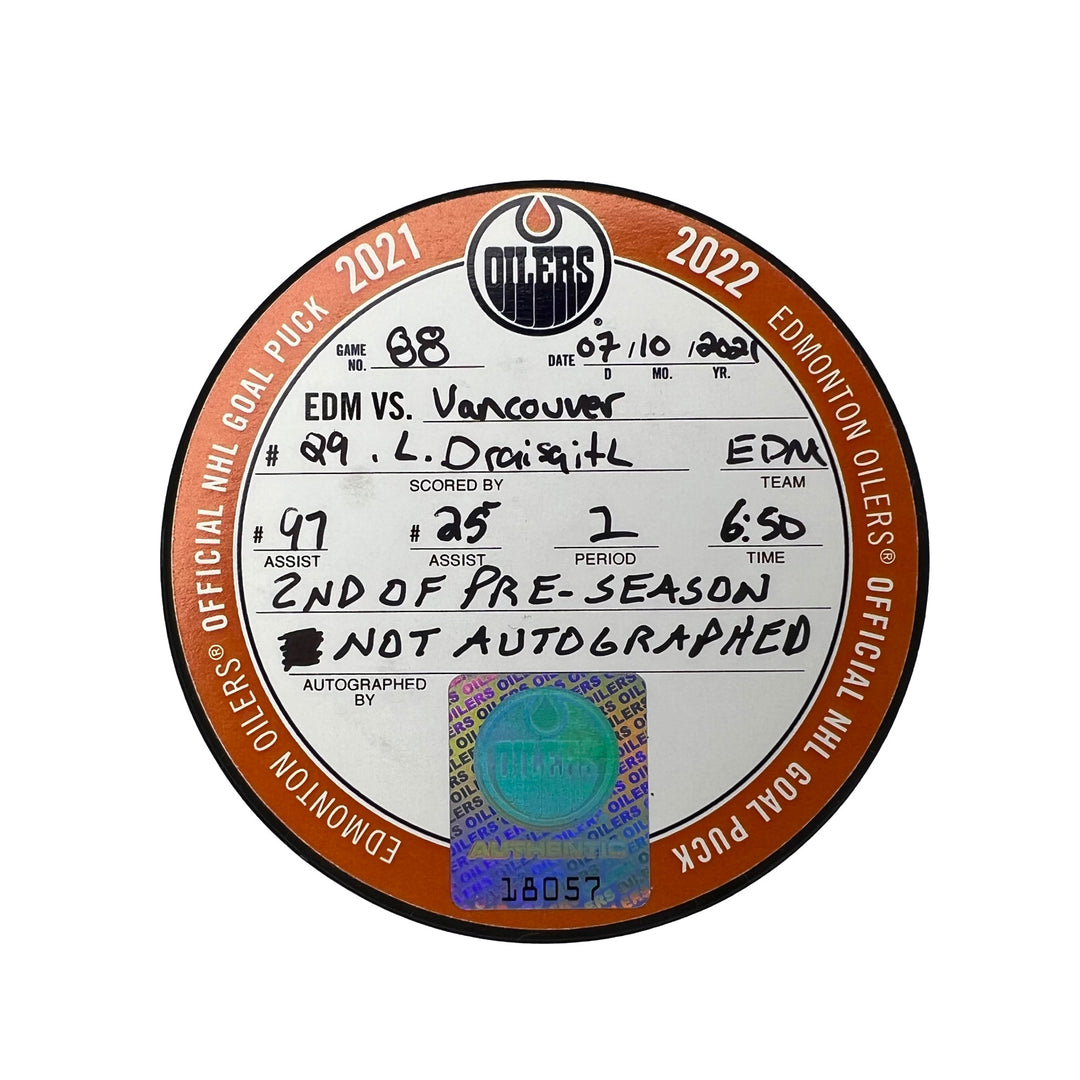 Leon Draisaitl Edmonton Oilers Preseason Goal Puck - Oct. 7/2021 vs Vancouver Canucks #18057