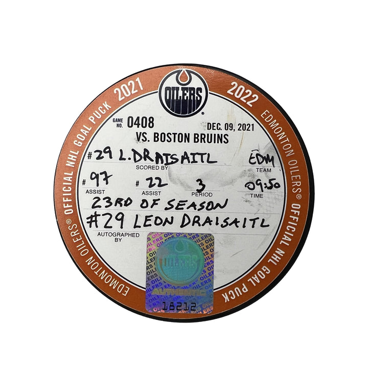 Leon Draisaitl Edmonton Oilers Autographed Goal Puck - Dec. 9/2021 vs Boston Bruins #18212