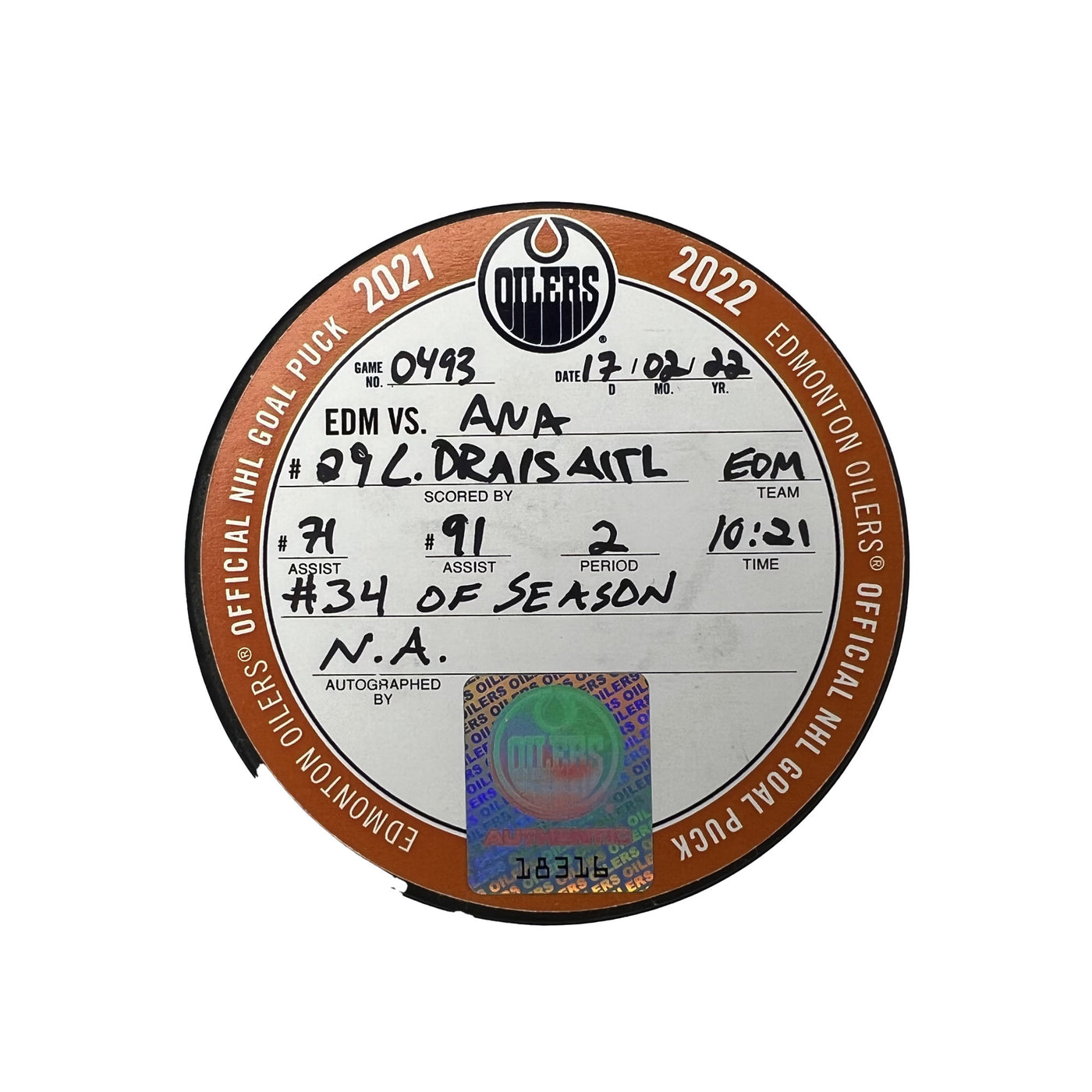 Leon Draisaitl Edmonton Oilers Goal Puck - Feb. 17/2022 vs Anaheim Ducks #18316