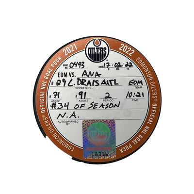 Leon Draisaitl Edmonton Oilers Goal Puck - Feb. 17/2022 vs Anaheim Ducks #18316