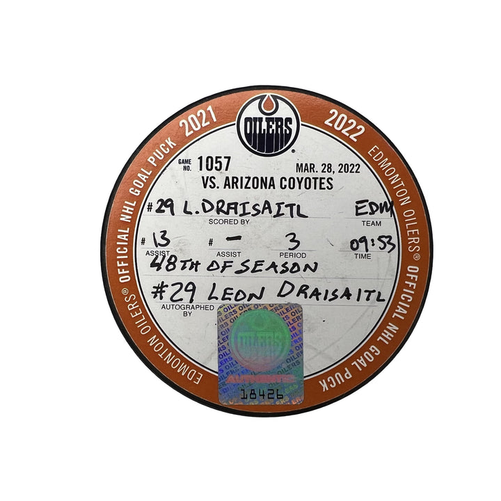 Leon Draisaitl Edmonton Oilers Autographed Goal Puck - Mar. 28/2022 vs Arizona Coyotes #18426