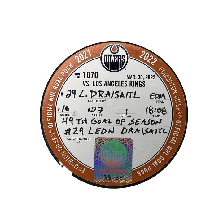 Leon Draisaitl Edmonton Oilers Autographed Goal Puck - Mar. 30/2022 vs Los Angeles Kings #18433