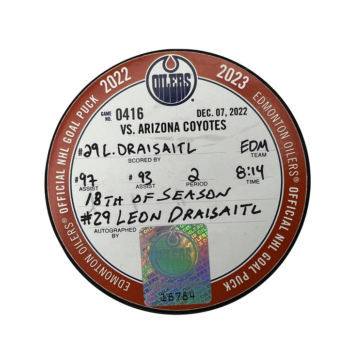 Leon Draisaitl Edmonton Oilers Autographed Goal Puck - Dec. 7/2022 vs Arizona Coyotes #18784