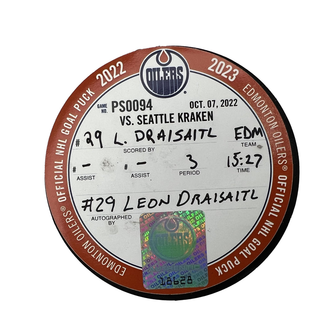 Leon Draisaitl Edmonton Oilers Autographed Preseason Goal Puck - Oct. 7/2022 vs Seattle Kraken #18628