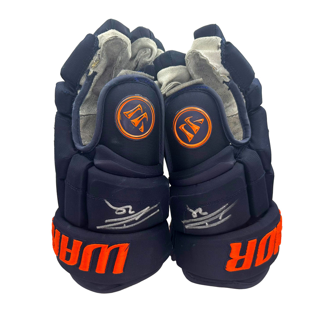 Leon Draisaitl Edmonton Oilers Signed Game Worn 2022-23 Warrior Navy Hockey Gloves #21580