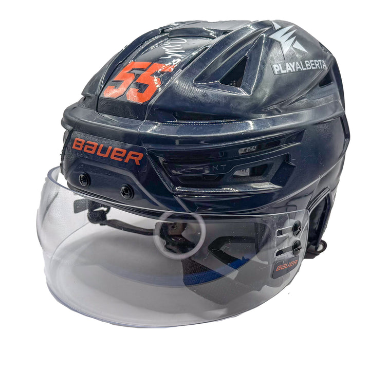 Dylan Holloway Edmonton Oilers Signed Game Worn 2023-24 Bauer Navy Helmet #23028
