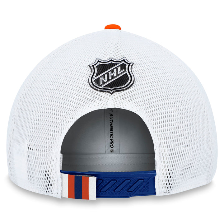 Edmonton Oilers Fanatics Blue & White 2023 NHL Draft Pro On Stage Snapback Trucker Hat