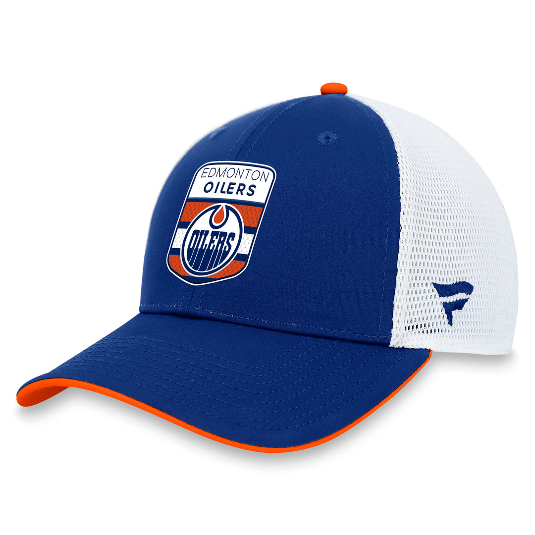 Edmonton Oilers Fanatics Blue & White 2023 NHL Draft Pro On Stage Snapback Trucker Hat