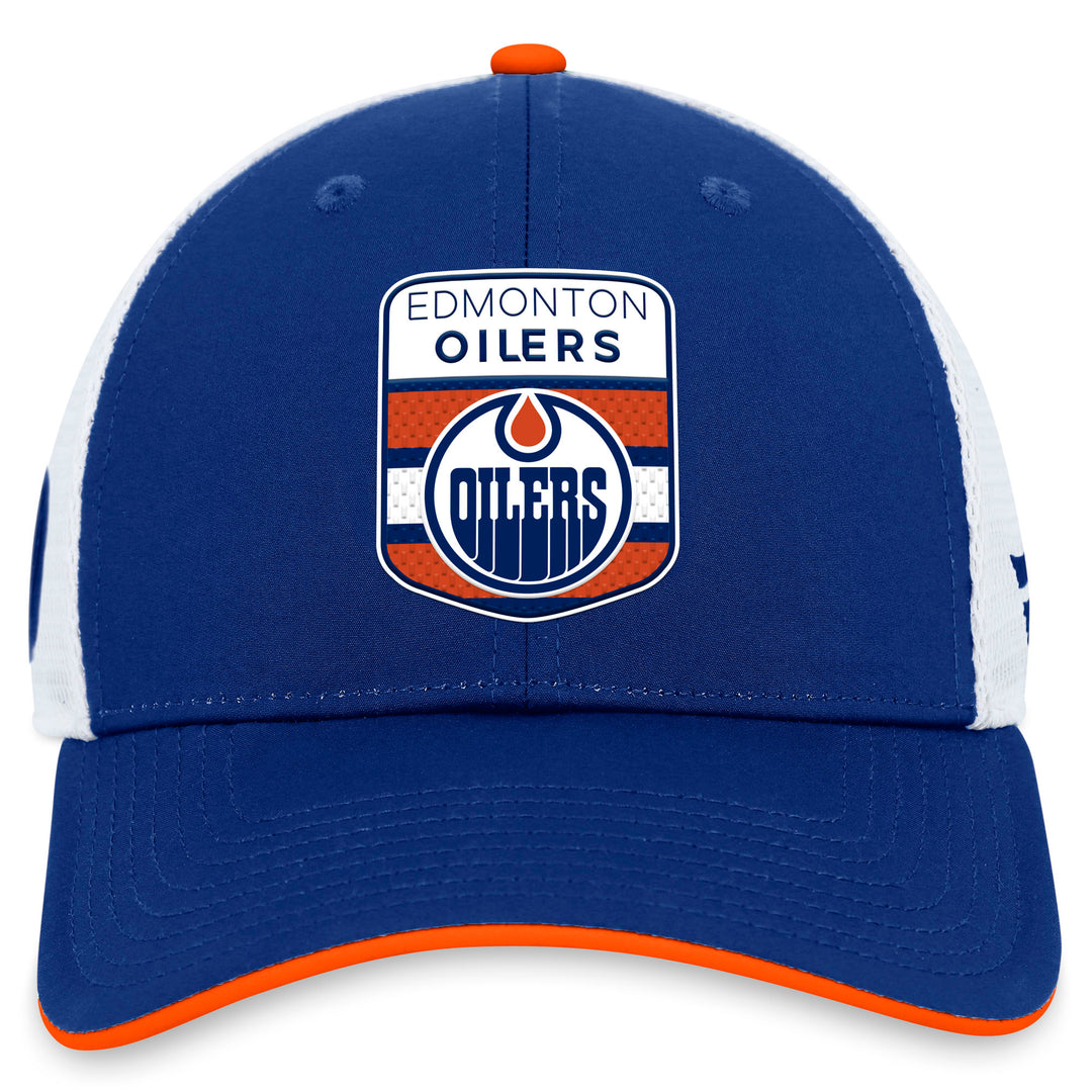 Edmonton Oilers Fanatics Blue & White 2023 NHL Draft Pro On Stage Snapback Trucker Hat