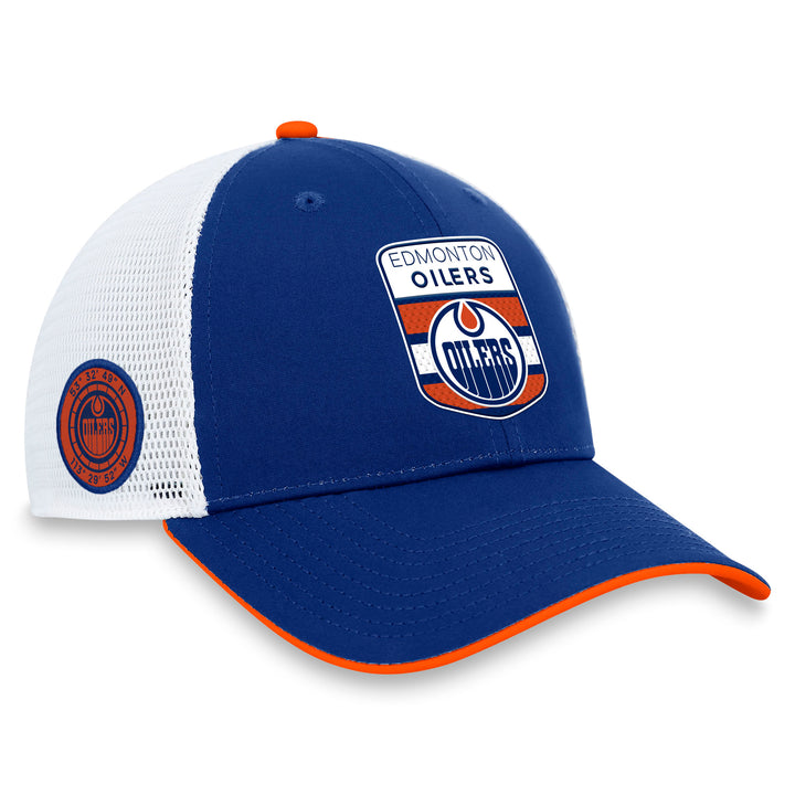 Edmonton Oilers Fanatics Blue & White 2023 NHL Draft Pro On Stage Snapback Trucker Hat