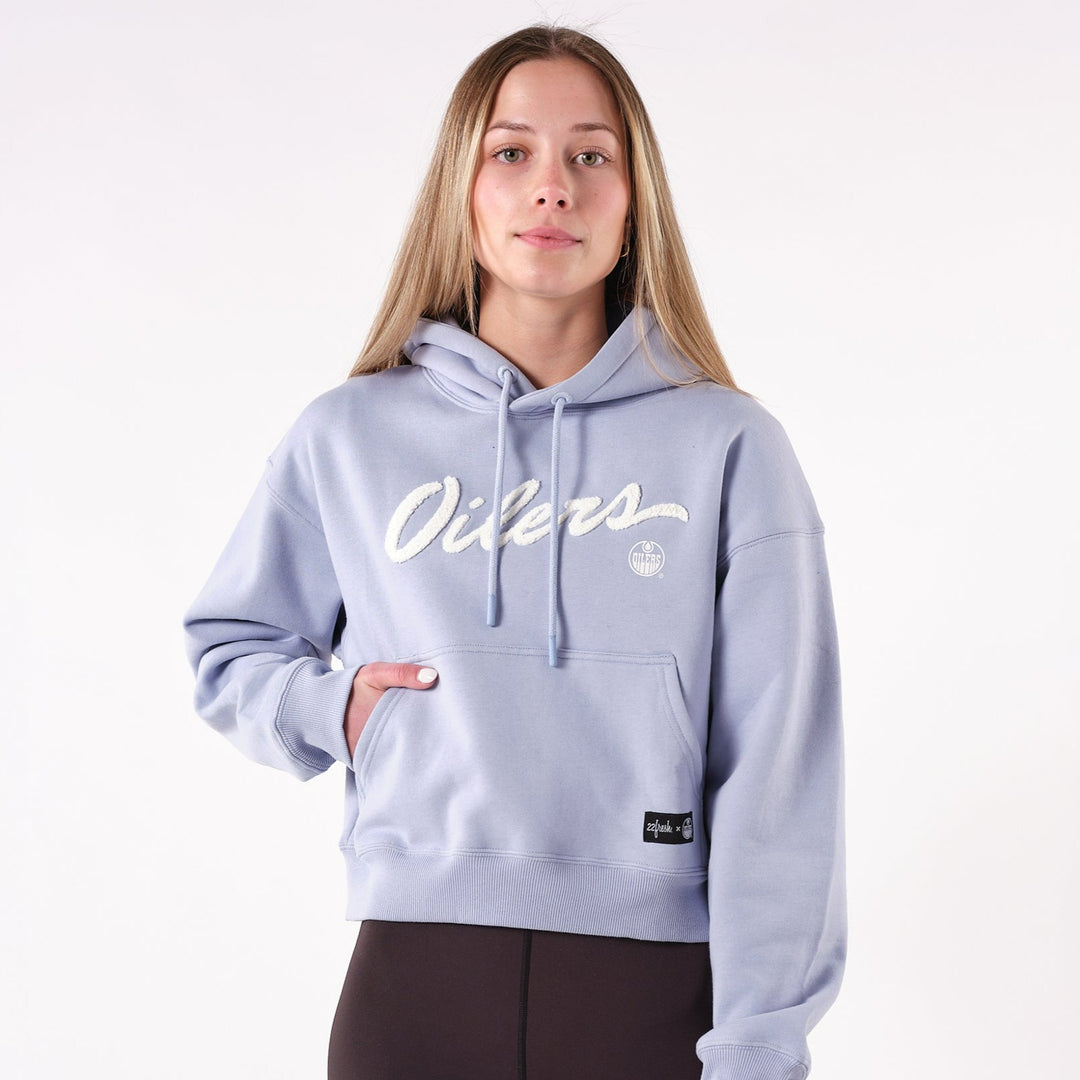 Edmonton Oilers Women's 22Fresh Chenille Script Crop Sky Blue Hoodie