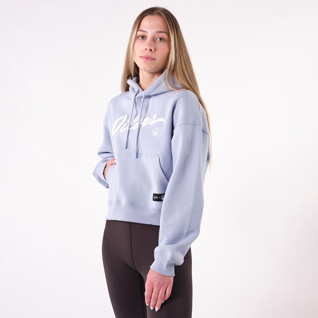 Edmonton Oilers Women's 22Fresh Chenille Script Crop Sky Blue Hoodie