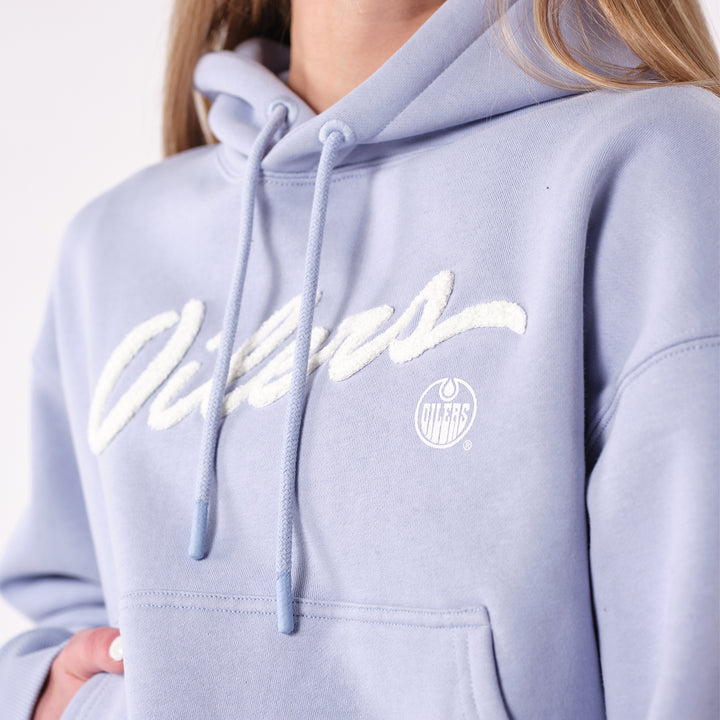 Edmonton Oilers Women's 22Fresh Chenille Script Crop Sky Blue Hoodie