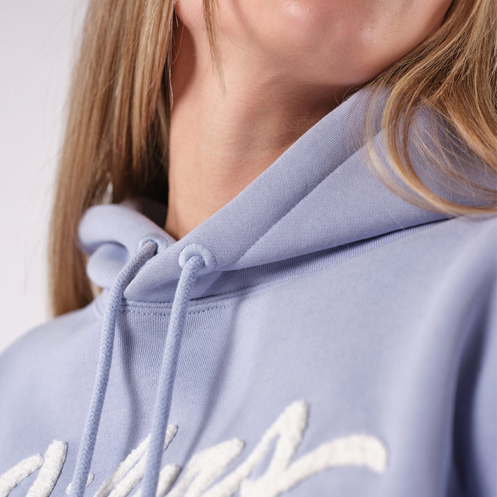 Edmonton Oilers Women's 22Fresh Chenille Script Crop Sky Blue Hoodie