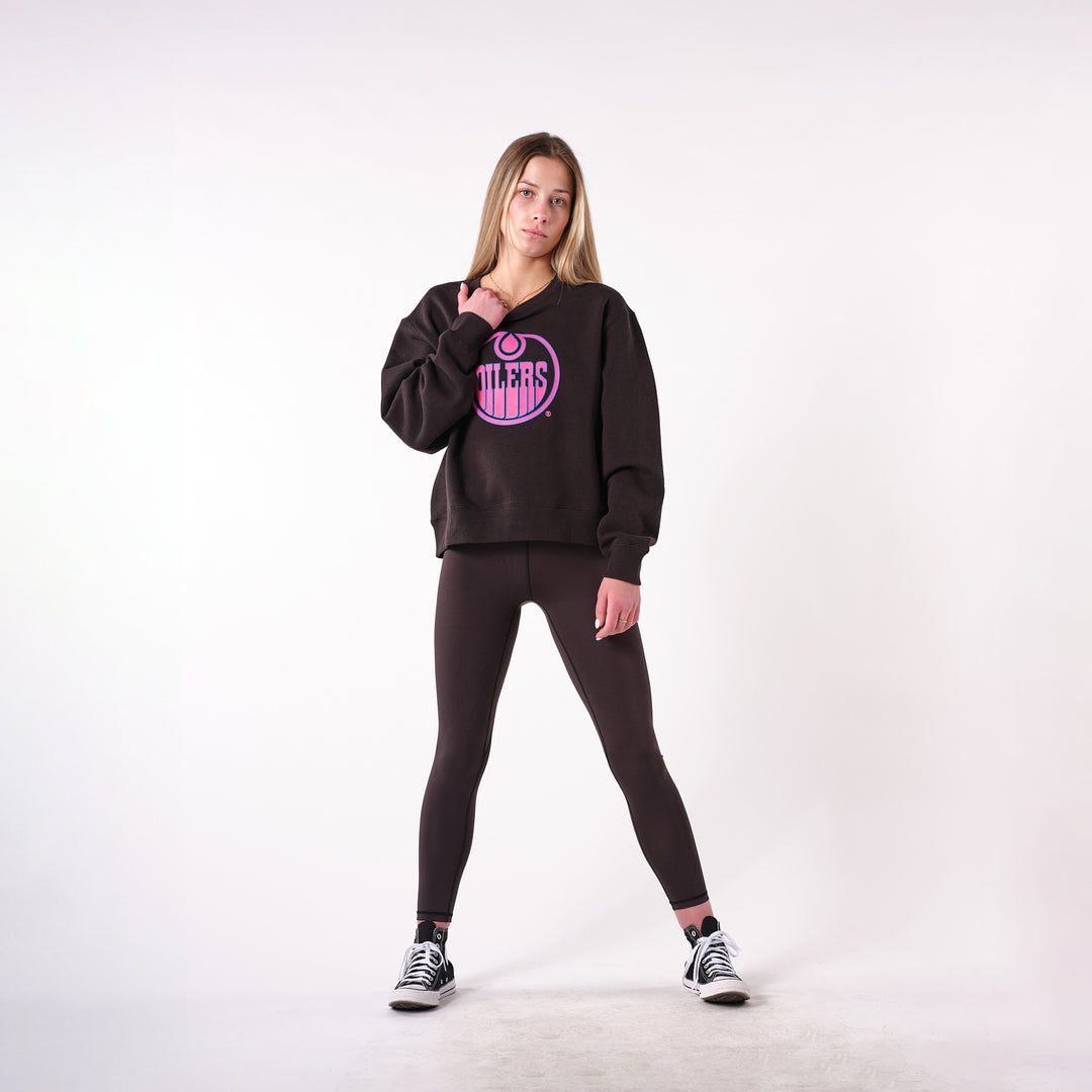Edmonton Oilers Women's 22Fresh Neon Black Boxy Cropped Crewneck Sweatshirt