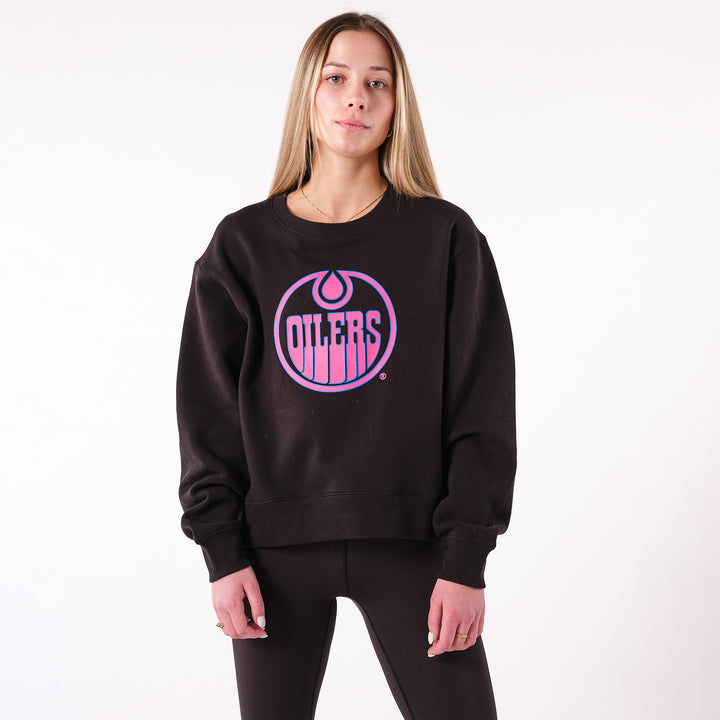 Edmonton Oilers Women's 22Fresh Neon Black Boxy Cropped Crewneck Sweatshirt