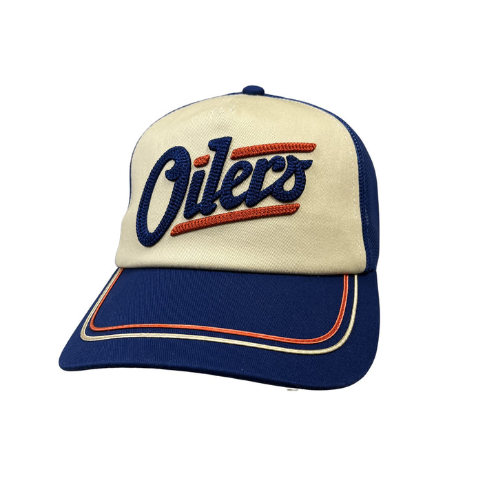 Edmonton Oilers American Needle Cream & Blue Alternate Logo Radler Mesh Snapback Hat