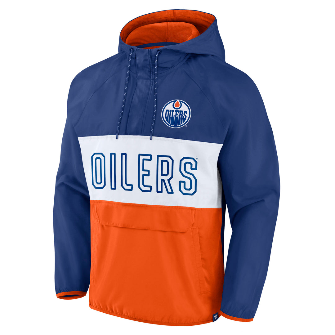 Edmonton Oilers Fanatics Blue & Orange Backhand Shoot Half-Zip Anorak Jacket