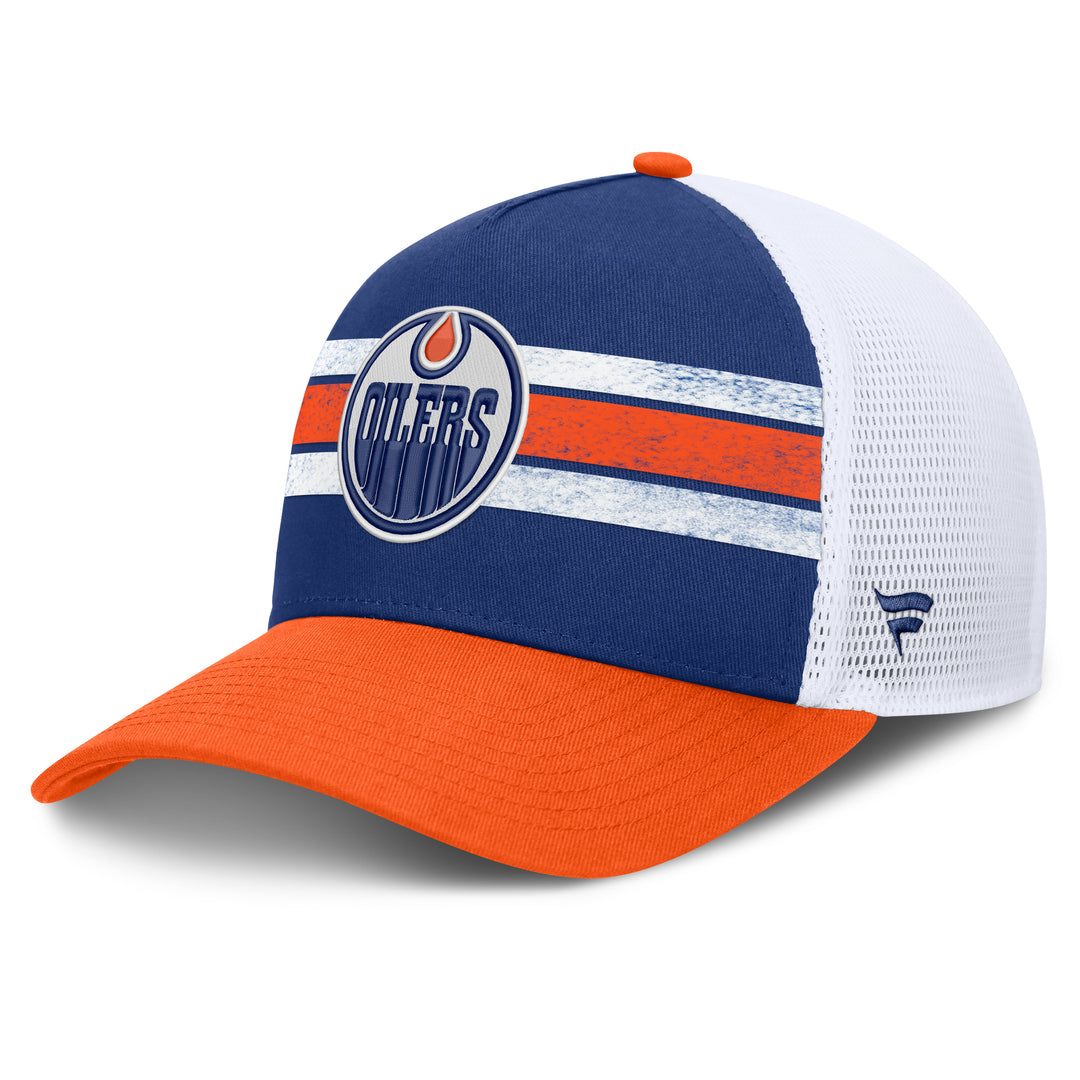 Edmonton Oilers Fanatics Blue & Orange Gordie A-Frame Mesh Snapback Hat