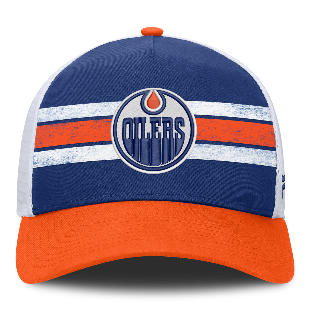 Edmonton Oilers Fanatics Blue & Orange Gordie A-Frame Mesh Snapback Hat