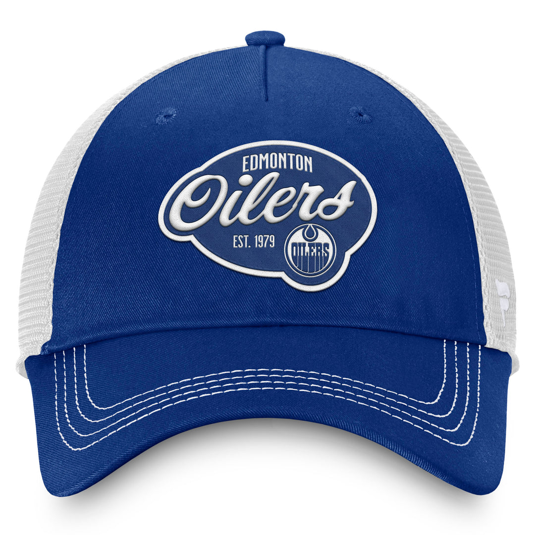 Edmonton Oilers Women's Fanatics Fundamental 5-Panel Unstructured Adjustable Blue & White Meshback Snapback Hat