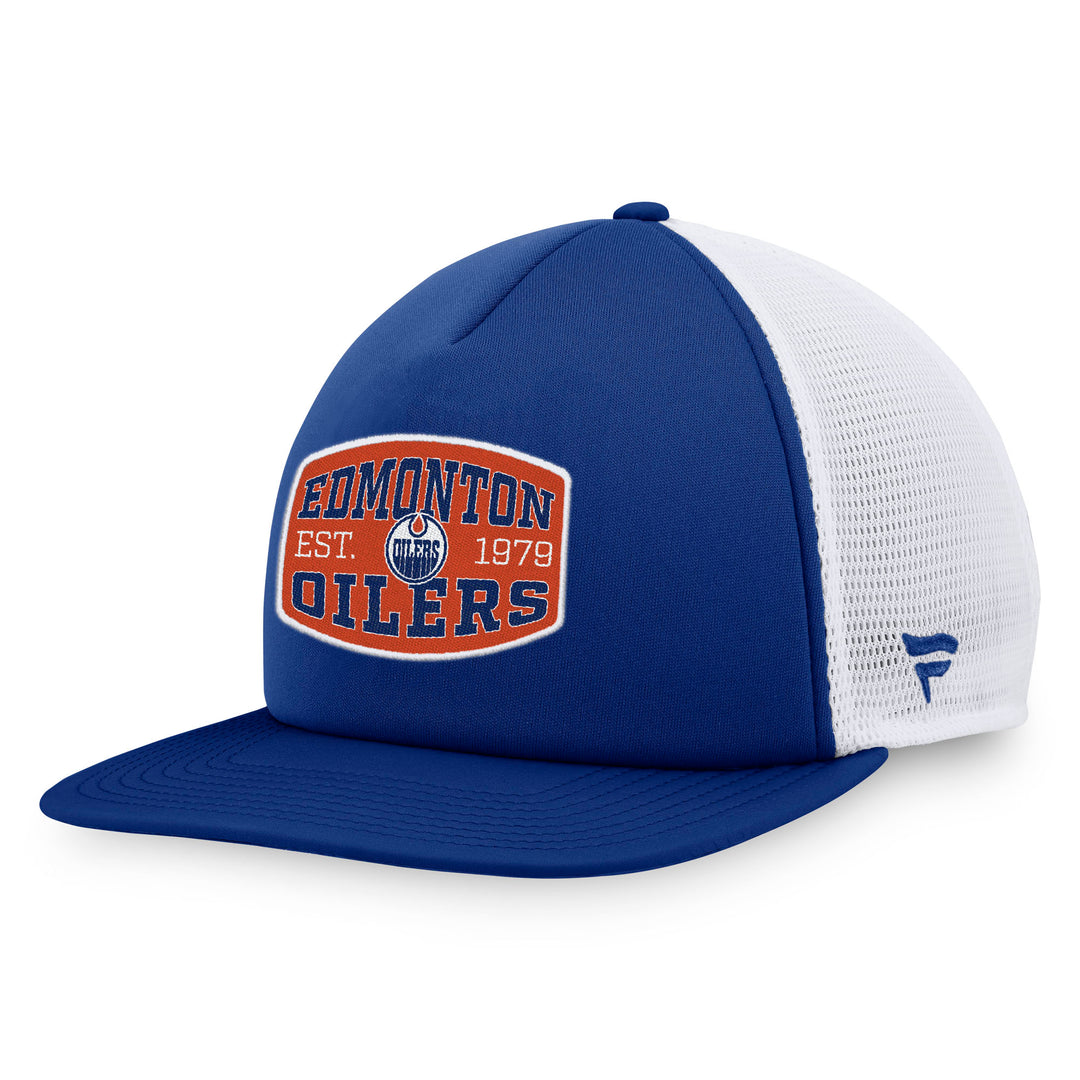 Edmonton Oilers Fanatics Fundamental Blue & White Flat Brim Foam Front Snapback Meshback Hat