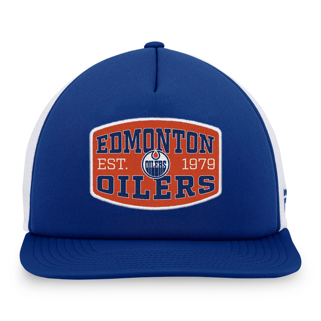 Edmonton Oilers Fanatics Fundamental Blue & White Flat Brim Foam Front Snapback Meshback Hat