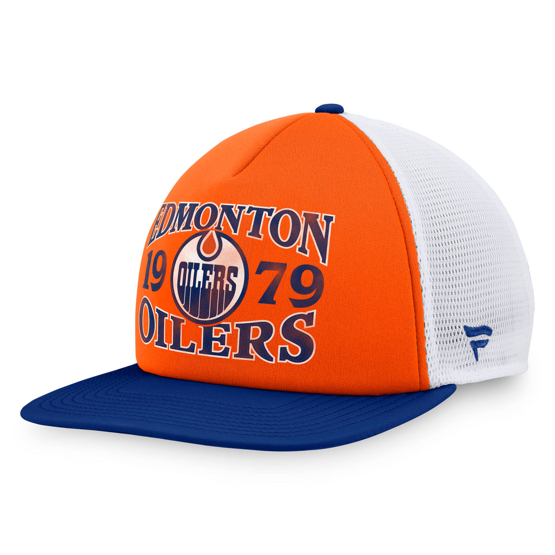 Edmonton Oilers Fanatics Heritage Orange & Blue Foam Front Flat Brim Snapback Hat