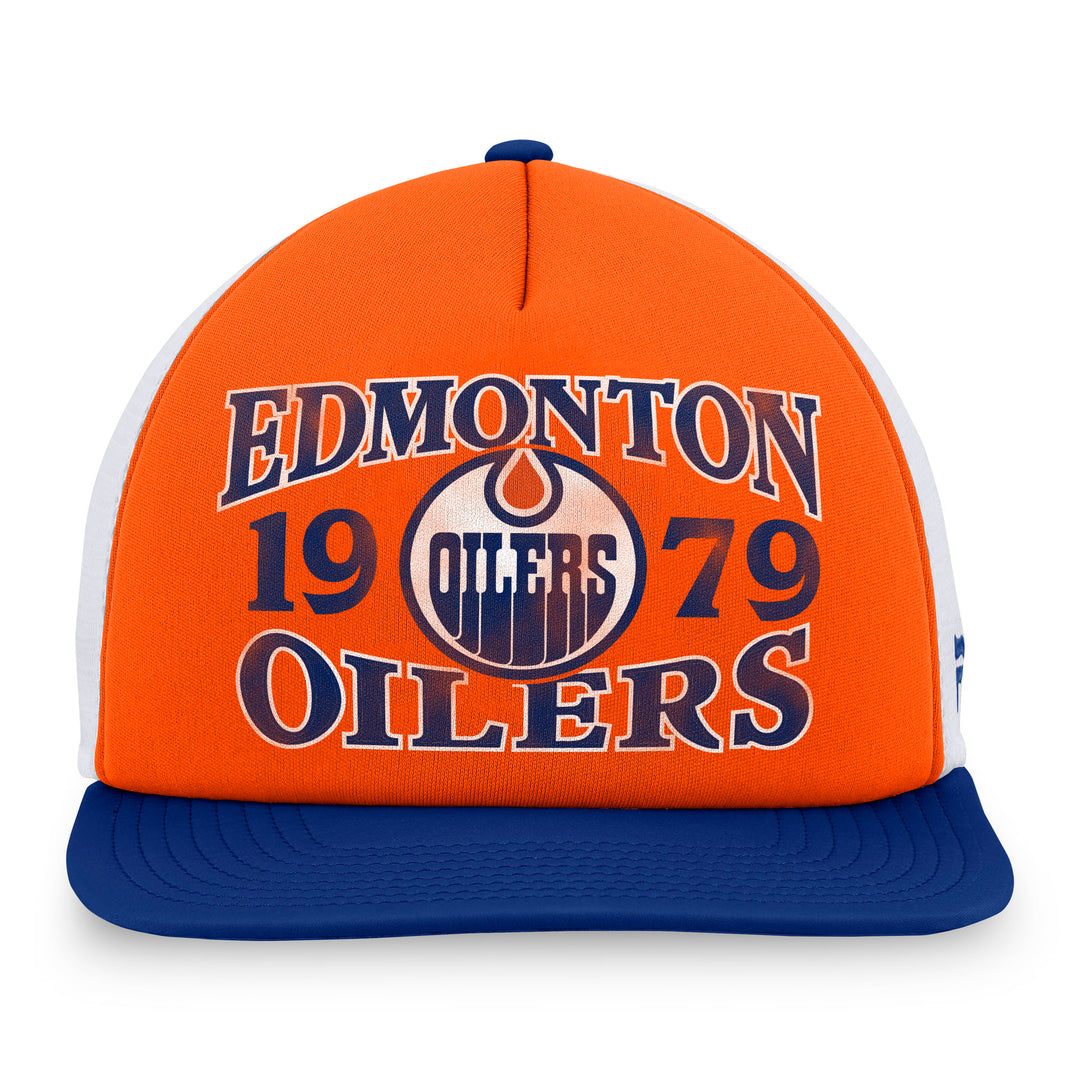 Edmonton Oilers Fanatics Heritage Orange & Blue Foam Front Flat Brim Snapback Hat