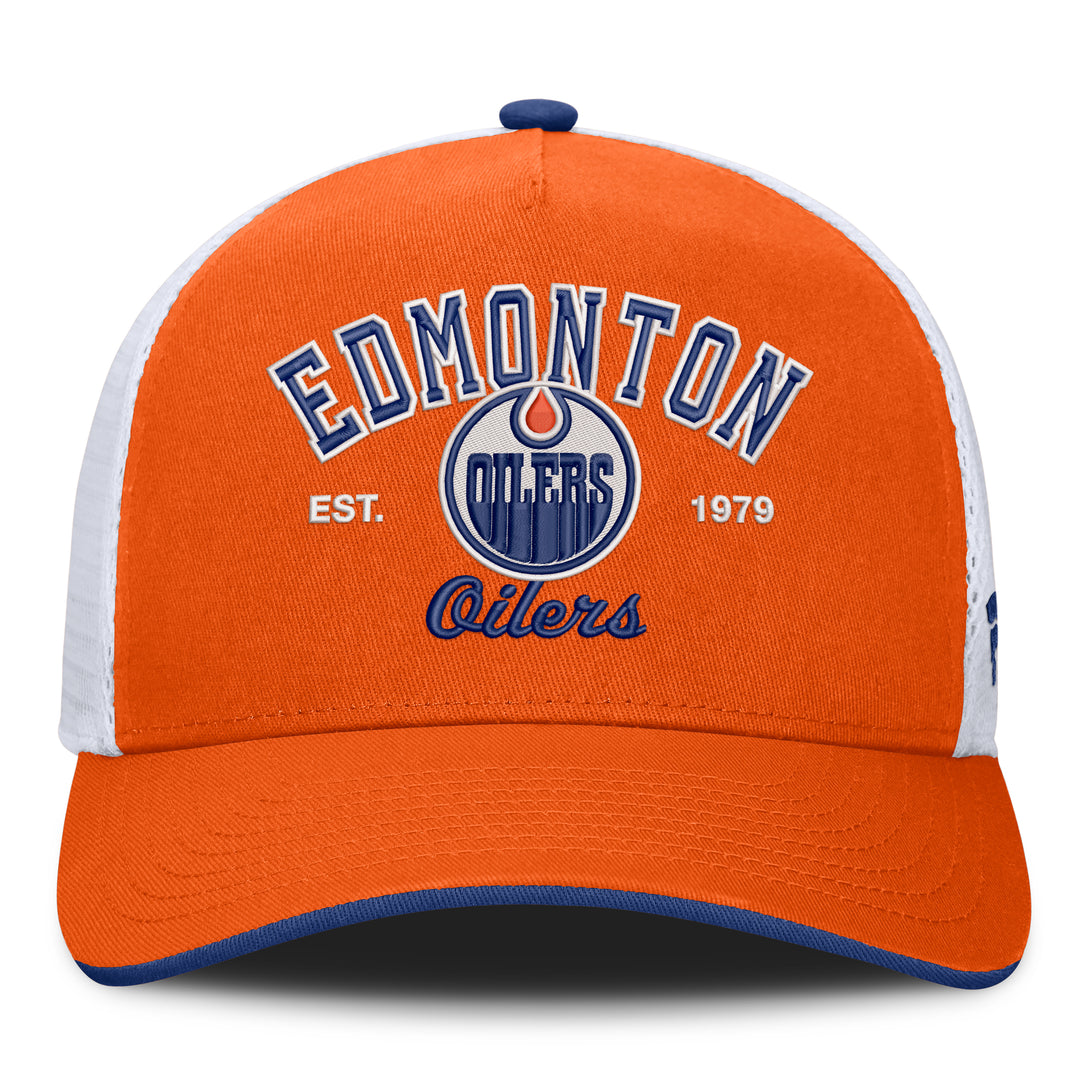 Edmonton Oilers Fanatics Orange & White Bulletin Mesh Snapback Hat