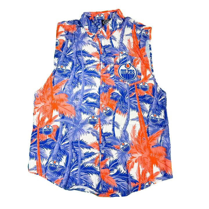 Edmonton Oilers Forever Collectibles Floral Blue & Orange Sleeveless Button Up Shirt