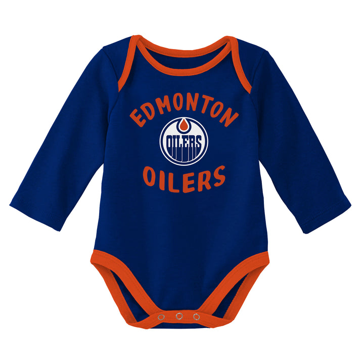 Edmonton Oilers Infant Outerstuff Triple Double Blue & Grey Long Sleeve 2 Piece Creeper Set