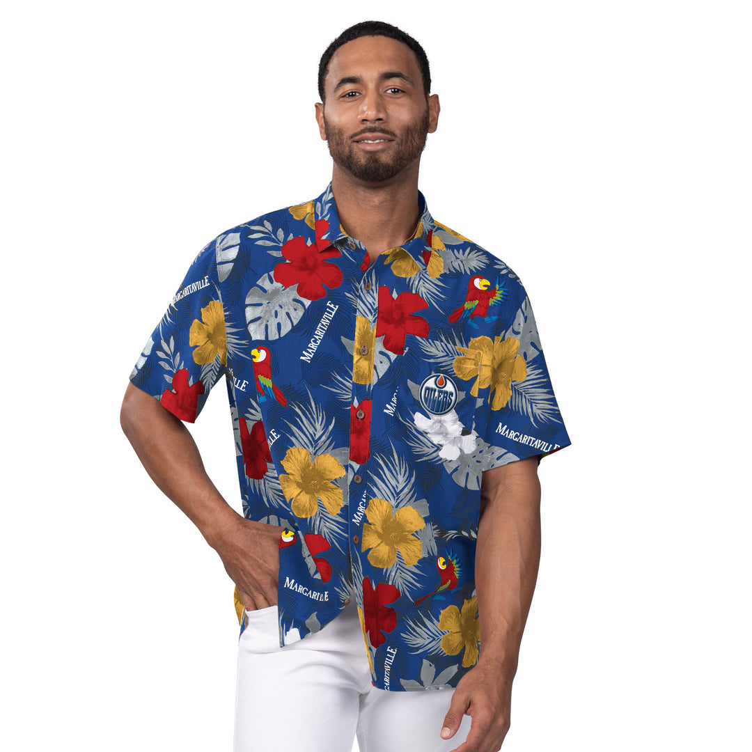 Edmonton Oilers Margaritaville Island Life Floral Party Button Up Shirt