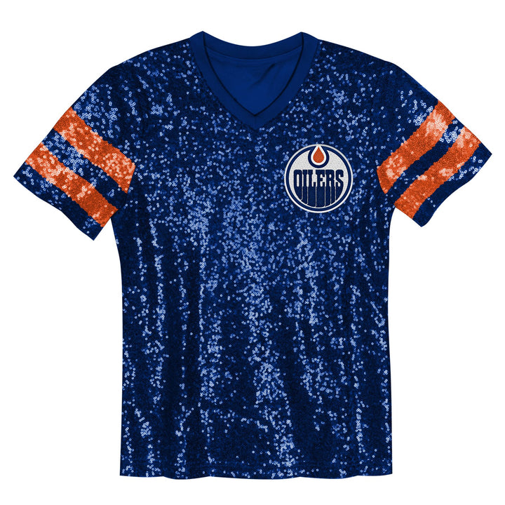 Edmonton Oilers Kids Outerstuff Glam Sequin Blue V-Neck T-Shirt