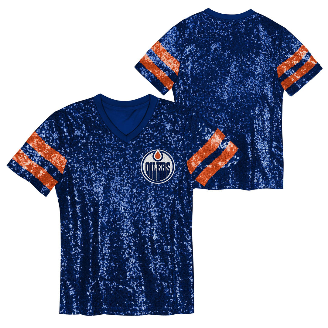 Edmonton Oilers Kids Outerstuff Glam Sequin Blue V-Neck T-Shirt