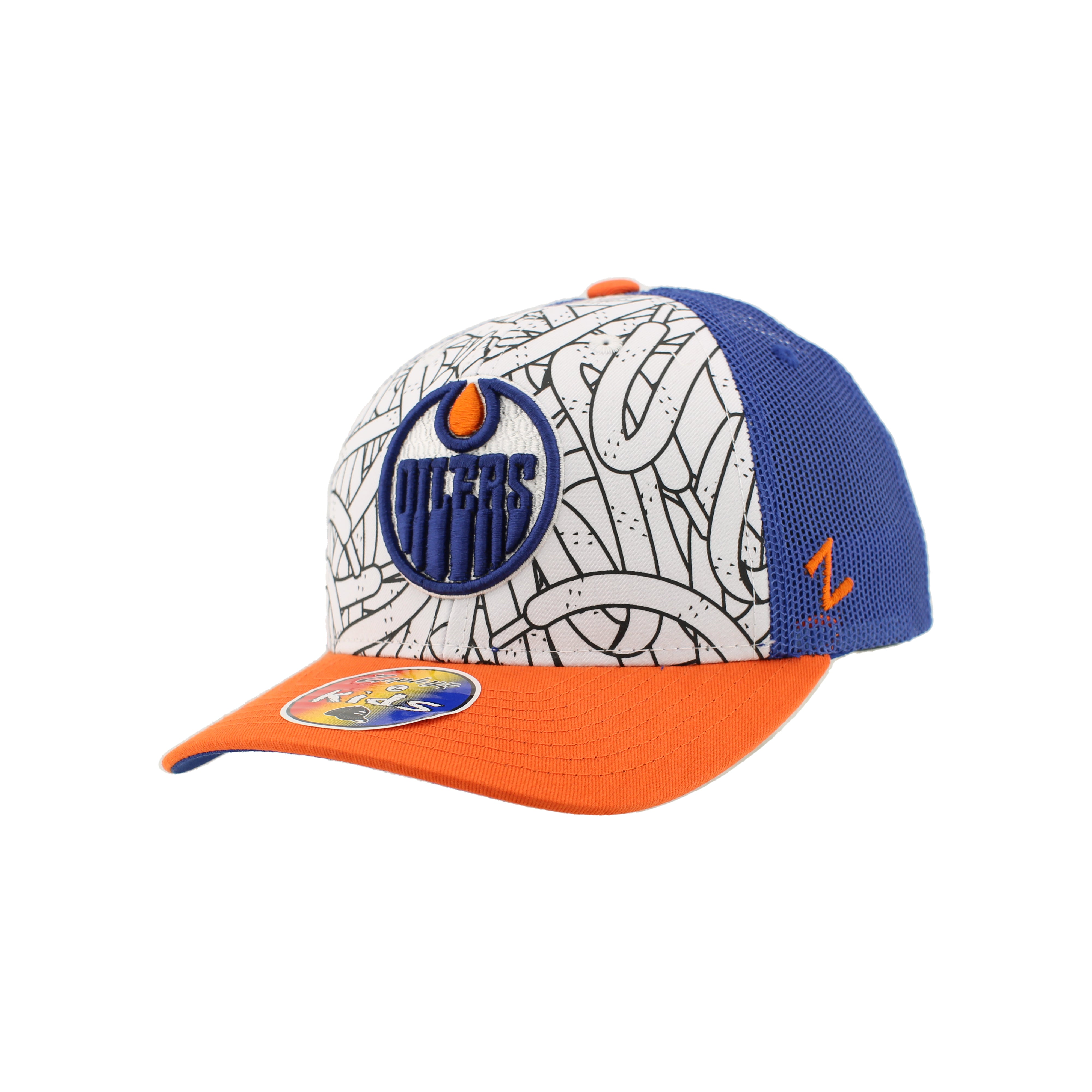 Casquette Snapback Zephyr Edmonton Oilers – Logo Script – Orange, Royal, Blanc – LNH