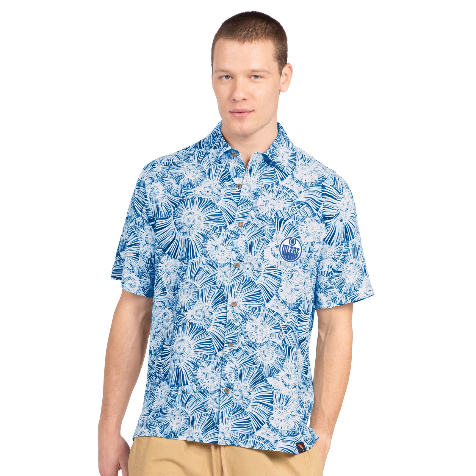 Edmonton Oilers Margaritaville Blue Getaway Party Button Up Shirt