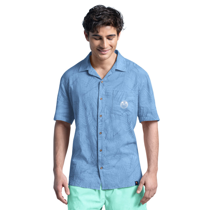 Edmonton Oilers Margaritaville Blue Printed Linen Party Button Up Shirt