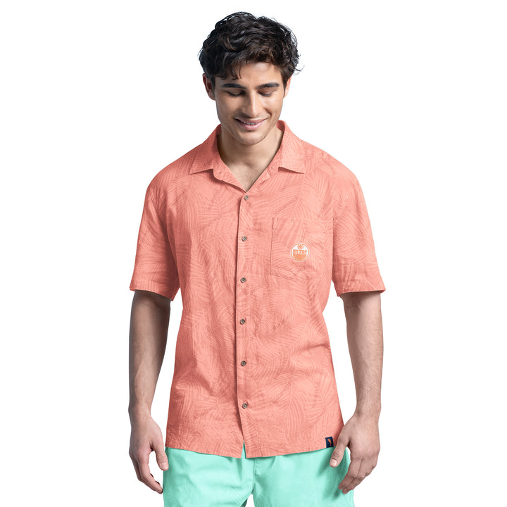 Edmonton Oilers Margaritaville Orange Printed Linen Party Button Up Shirt