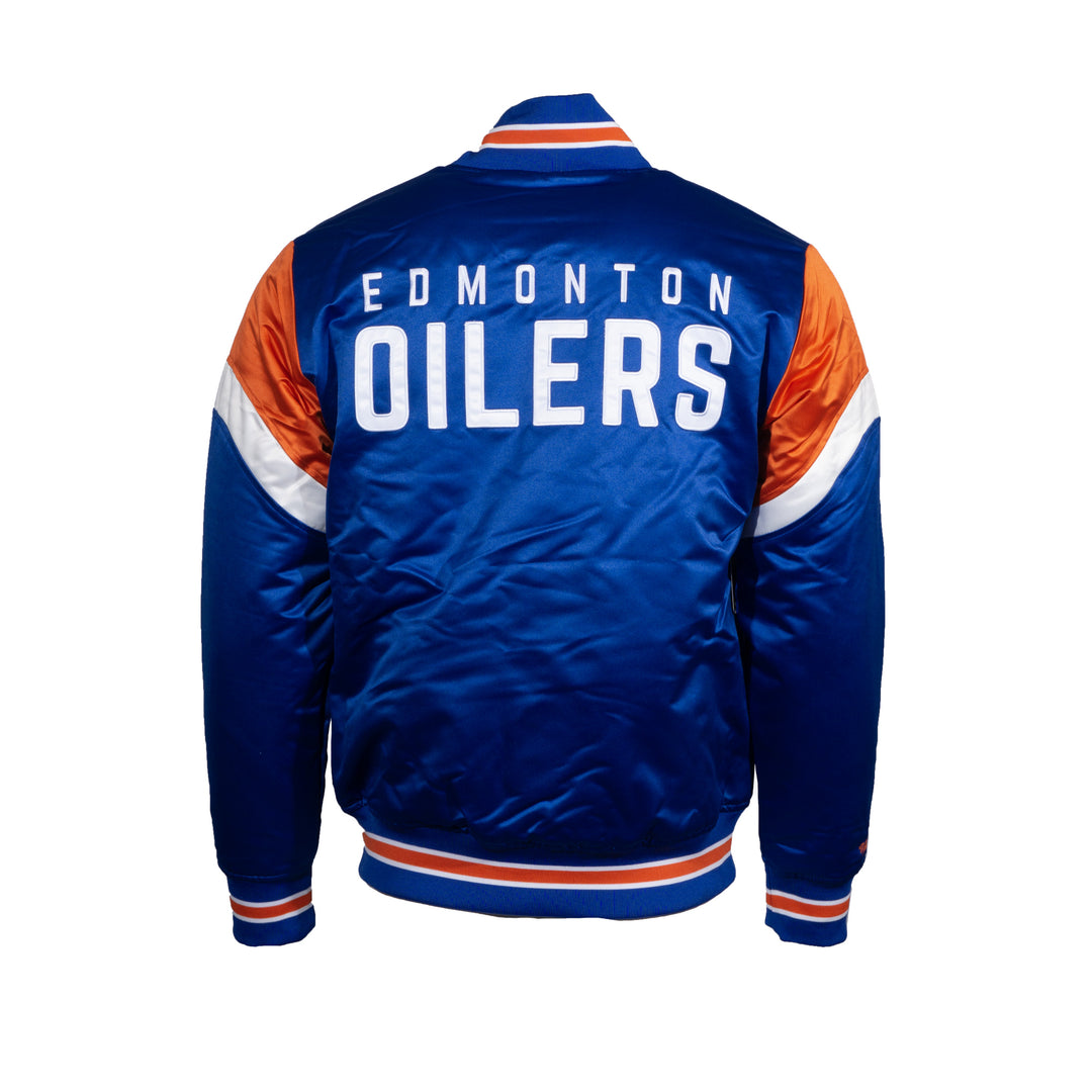 Edmonton Oilers Mitchell & Ness Blue Heavyweight Satin Bomber Jacket