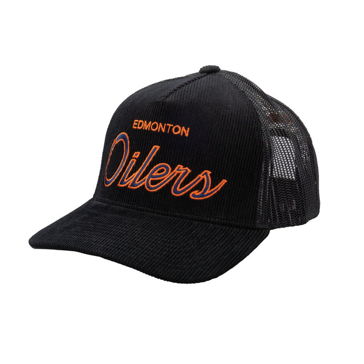 Edmonton Oilers Mitchell & Ness Black Corduroy Times Up Trucker Snapback Hat