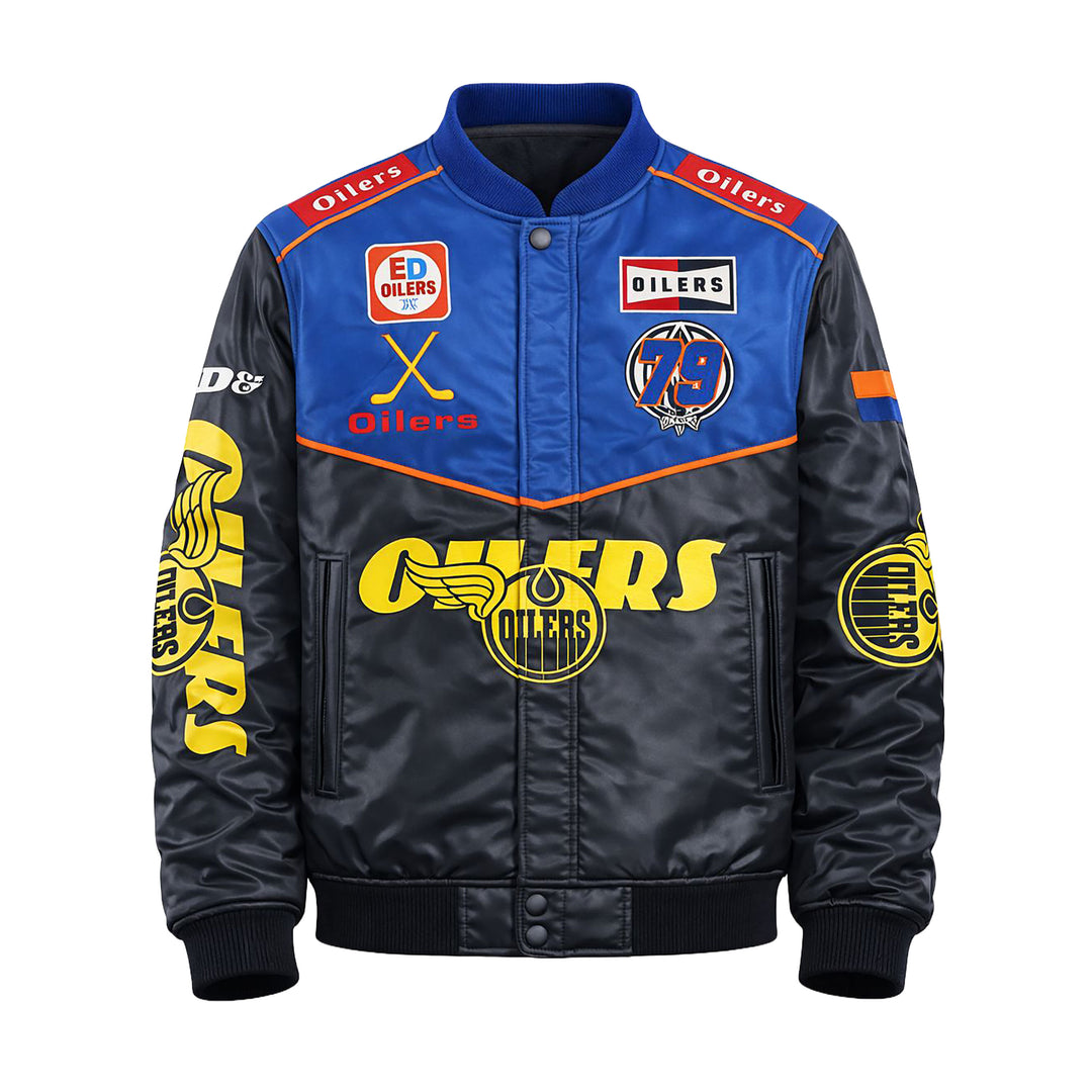 Edmonton Oilers Mitchell & Ness Blue & Black Driver Seat Racing Jacket