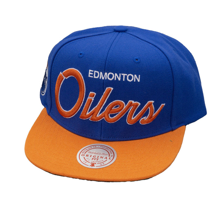 Edmonton Oilers Mitchell & Ness Blue & Orange Team Script Snapback Hat