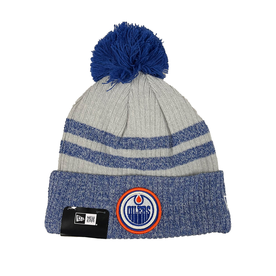 Edmonton Oilers New Era Grey & Heathered Blue Patch Knit Toque w/ Pom