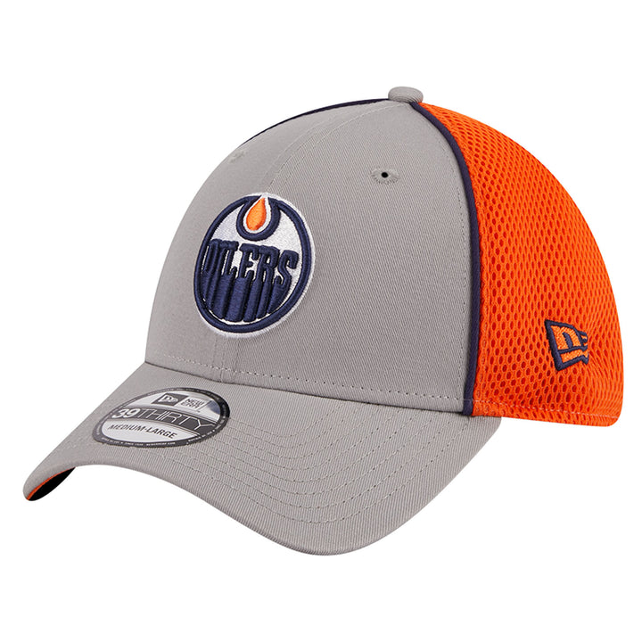 Edmonton Oilers New Era Grey & Orange 39THIRTY Meshback Flex Hat