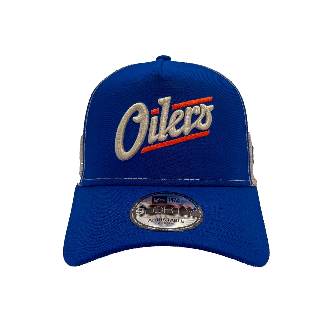 Edmonton Oilers New Era Blue 9FORTY Alternate Logo A-Frame Trucker Adjustable Hat